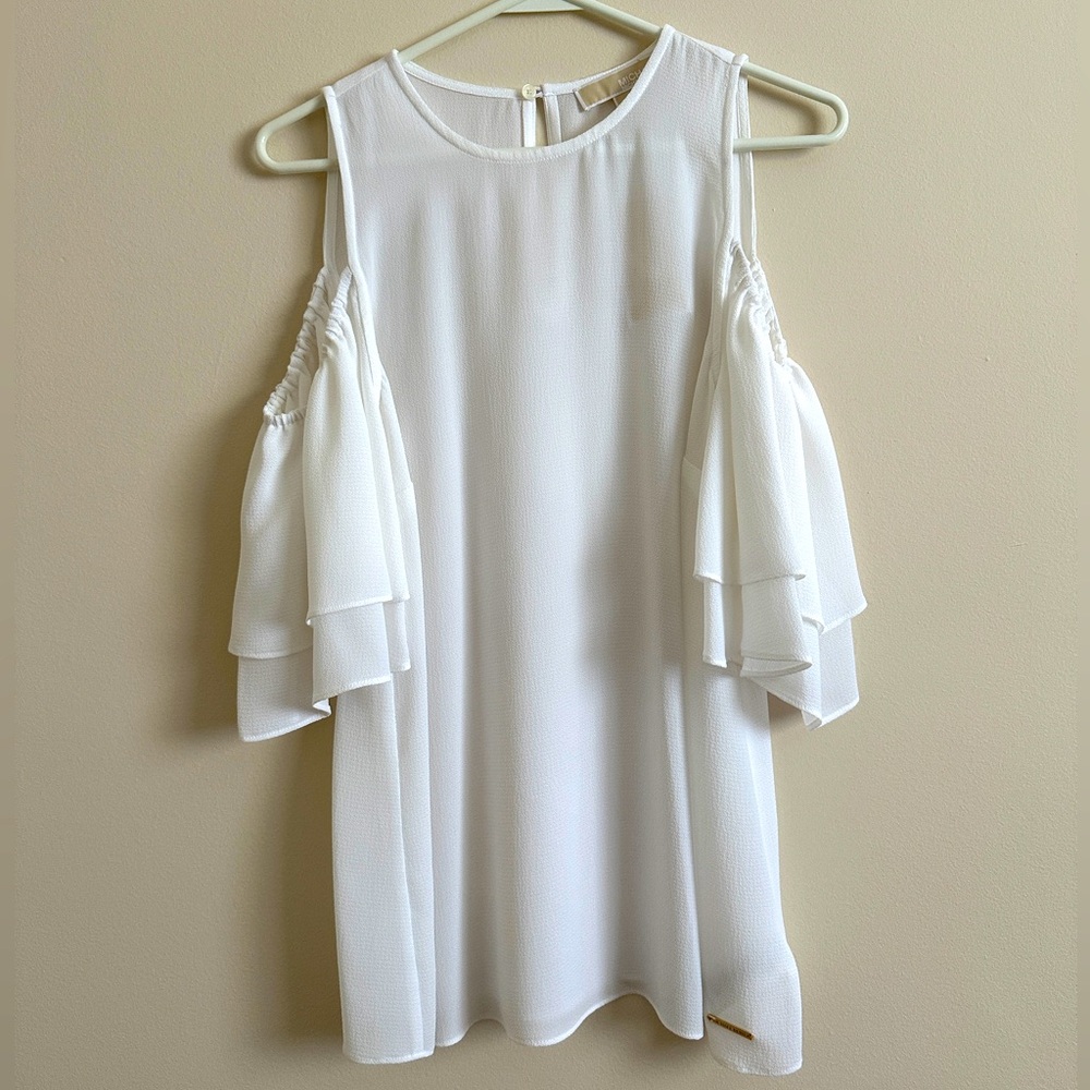 Michael Kors White Cold Shoulder Ruffle Top
